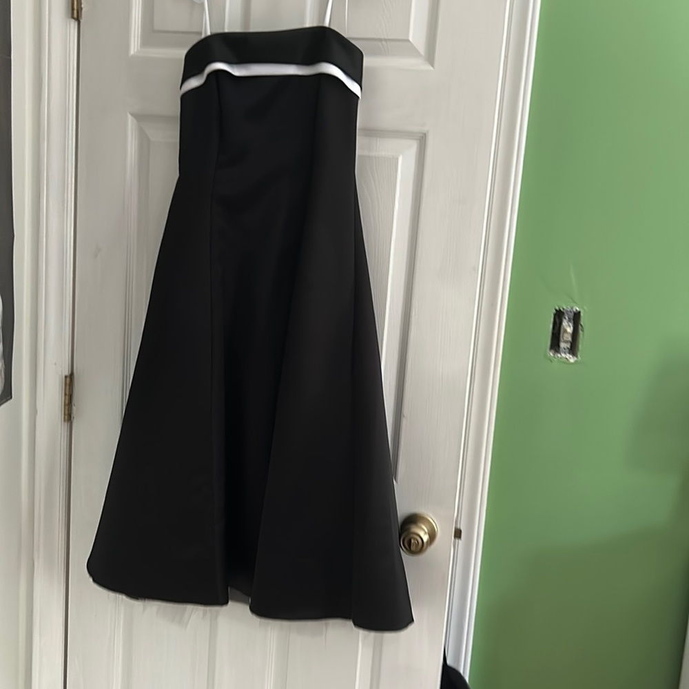 Formal, strapless, black and white dress.